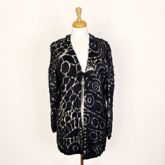 Save The Queen Black and White Longline Wool Blend Fuzzy Cardigan - Picture 1 of 7